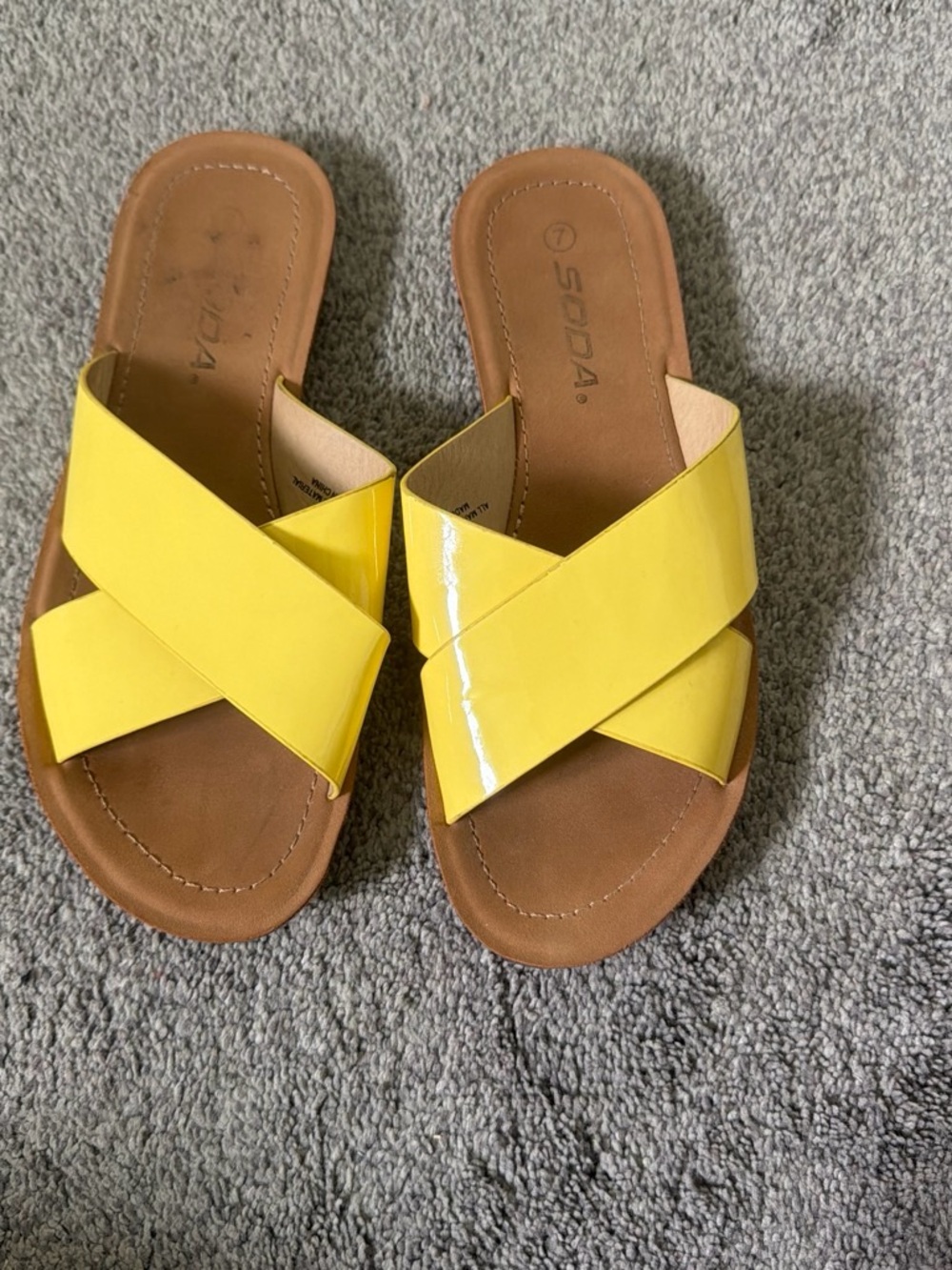 Soda Yellow Patent Crisscross Slide Sandals with Brown Footbed